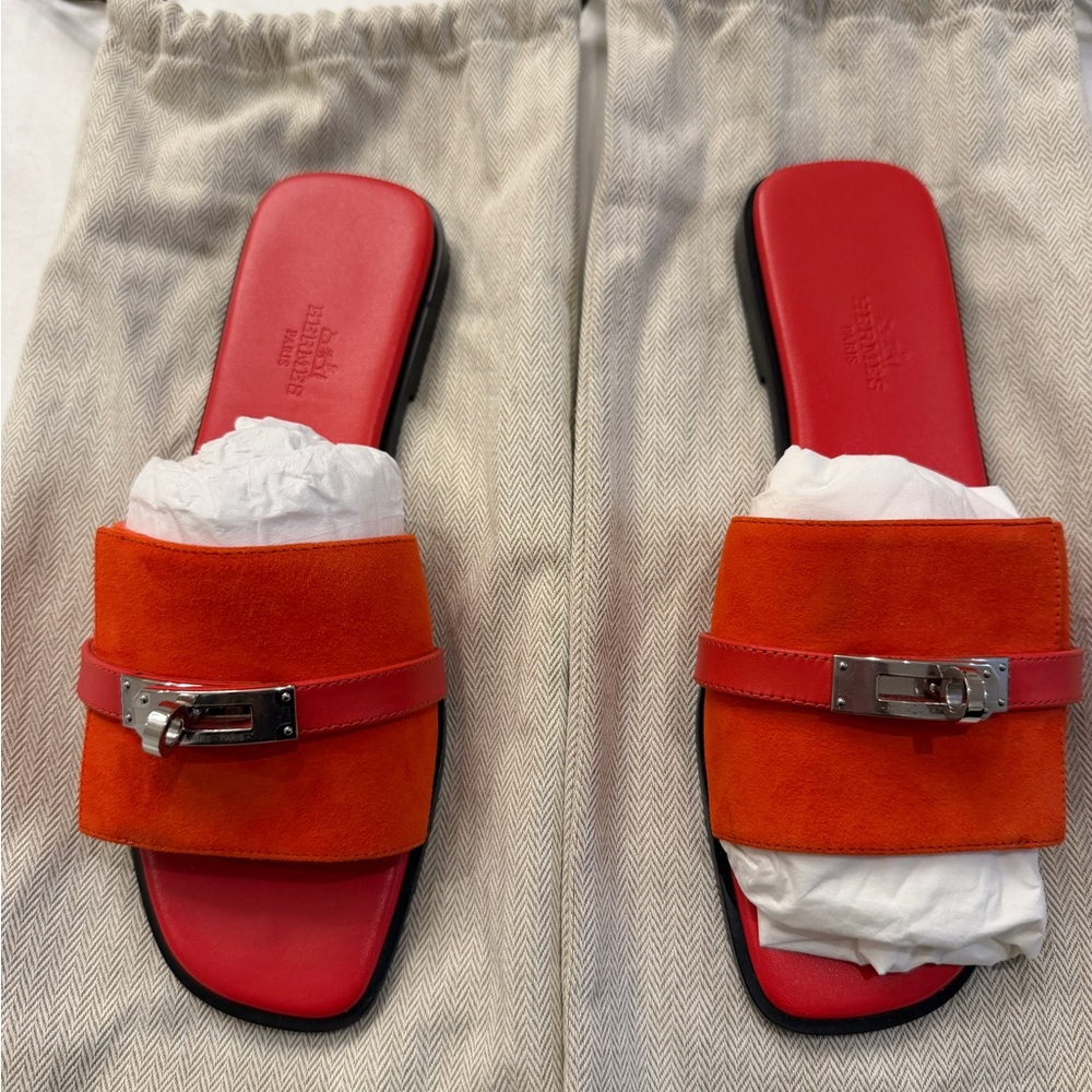 Hermes Red-Orange Suede Slide Sandals with Silver Hardware